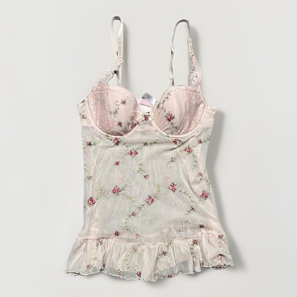 Victoria’s Secret Floral Mesh Pink Lingerie Corset 34C Festival Croquette Fairy